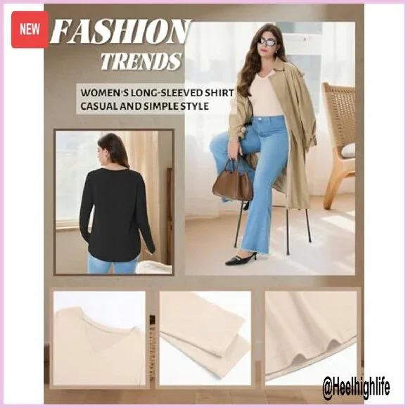 Plus Size Long Sleeve V-Neck Tunic Tops 4 Pack Loose Fit Fall Clothes - Picture 4 of 7